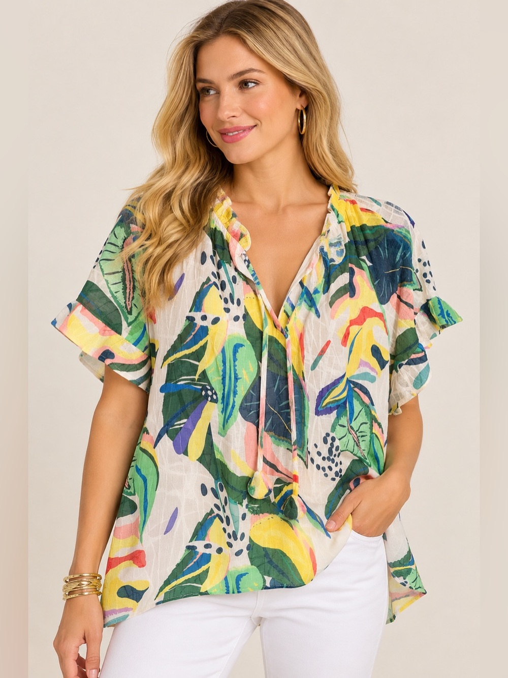 Umgee Multicolor Tropical Leaf Tie-Front Ruffle Sleeve Blouse